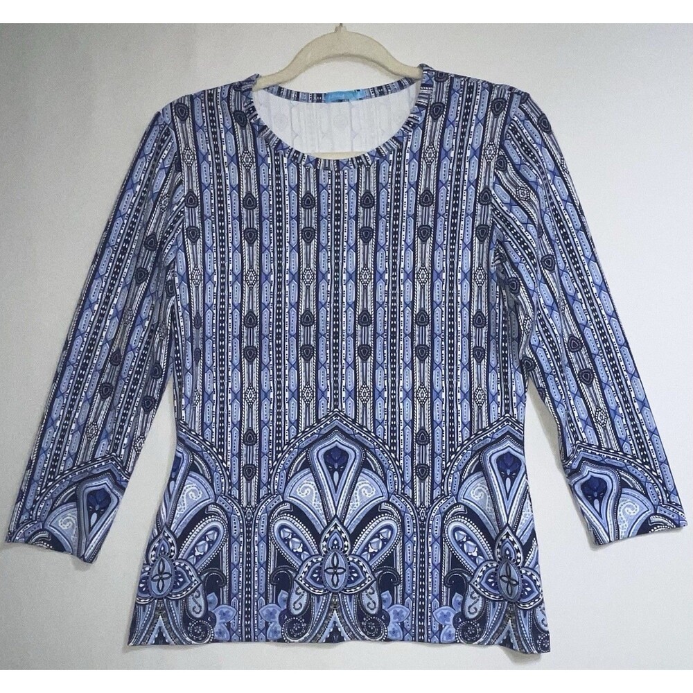 J. McLaughlin Catalina Cloth Blouse Top Blue White Printed 3/4 Sleeve Size S
